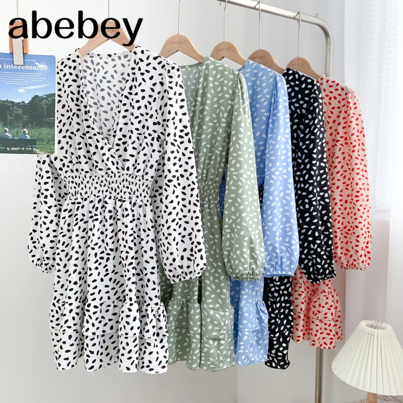 

Fashion V-Neck long sleeve Dress Ruffles patchwork high waist pleated print mid-length A-line Dress 2021 New Autumn Winter