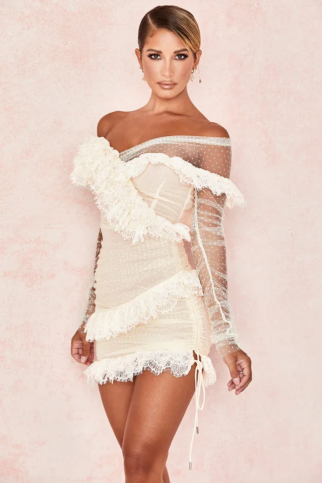 

Women's lace long sleeve short skirt mesh stitching sexy hip wrap dress