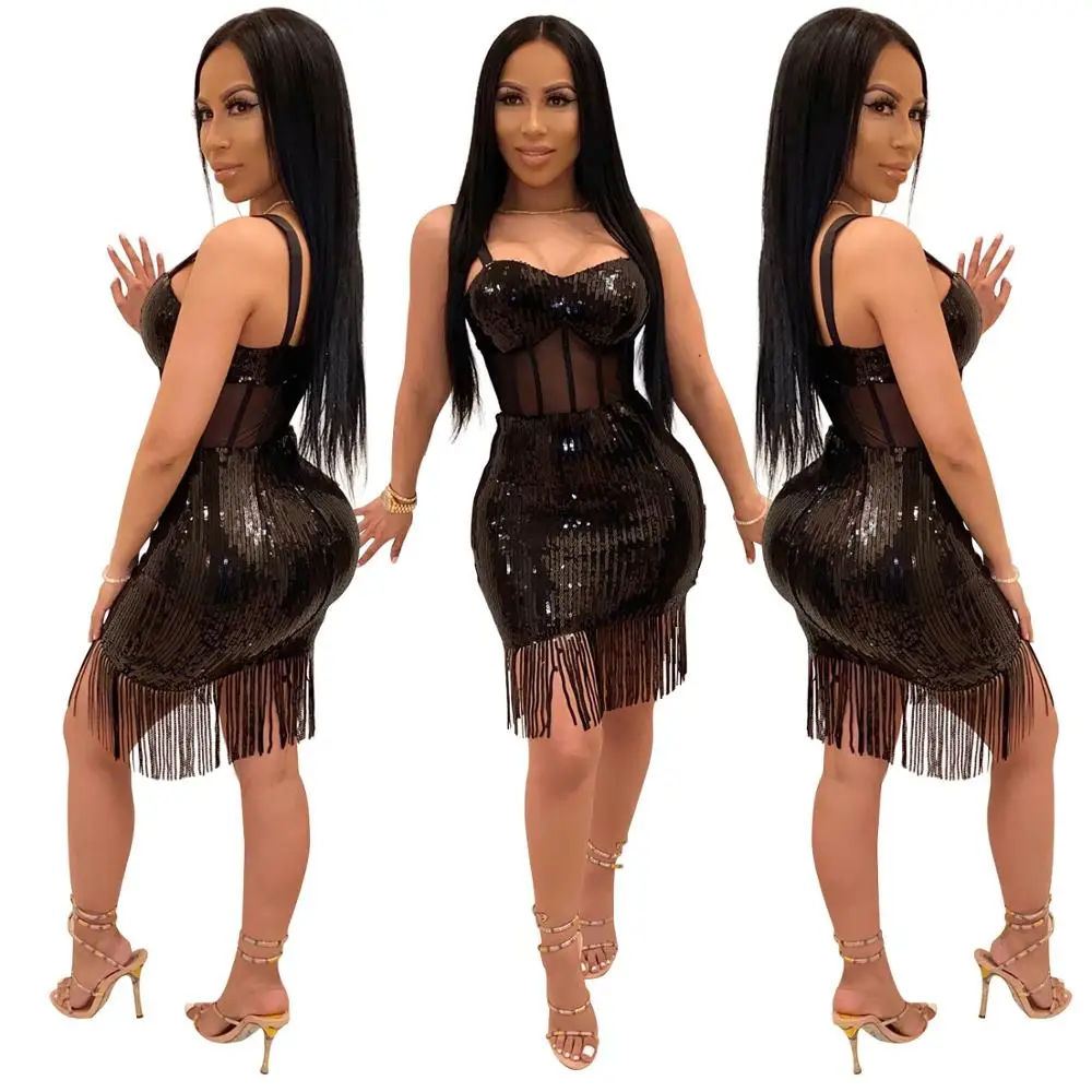 Женское сексуальное платье-кисточка с блестками без рукавов | Женская одежда