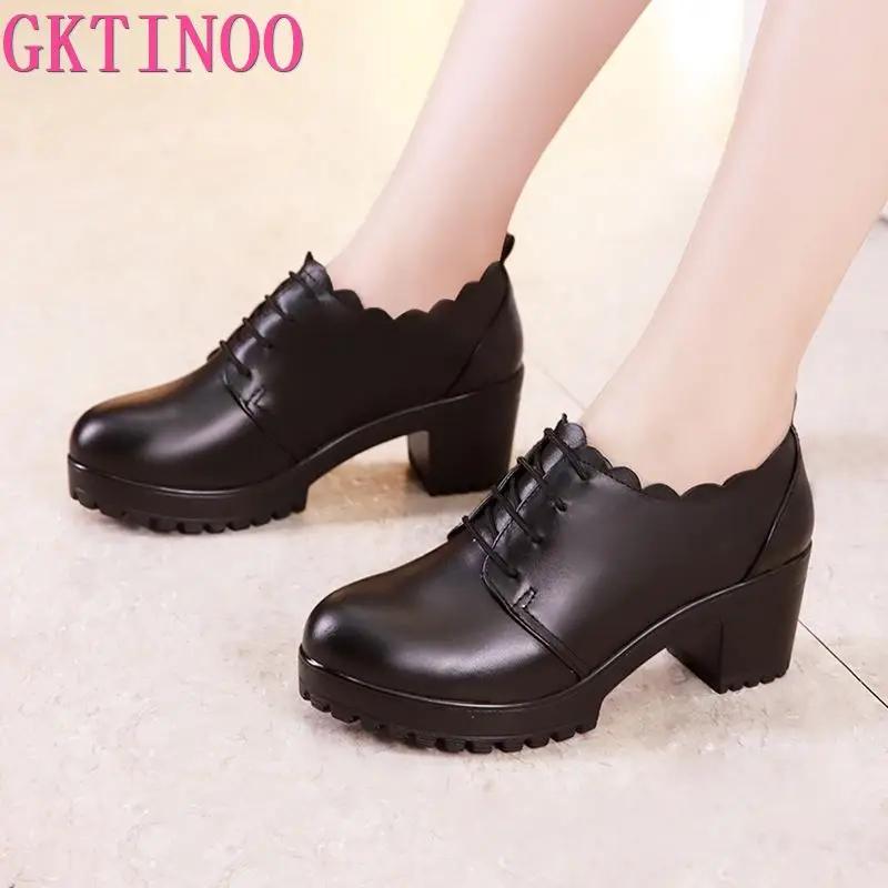 Женские кожаные туфли GKTINOO на платформе и квадратном каблуке шнуровке в