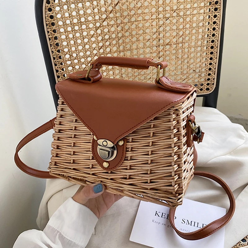 

Сумка на плечо Женская плетеная, винтажная плетеная сумочка кросс-боди из ротанговой кожи, пляжный саквояж