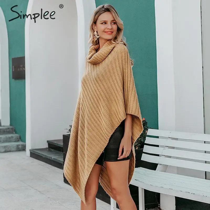 Simplee Autumn knitted turtleneck pullovers poncho sweater women Vintage khaki manta Winter gary thick jumper | Женская одежда