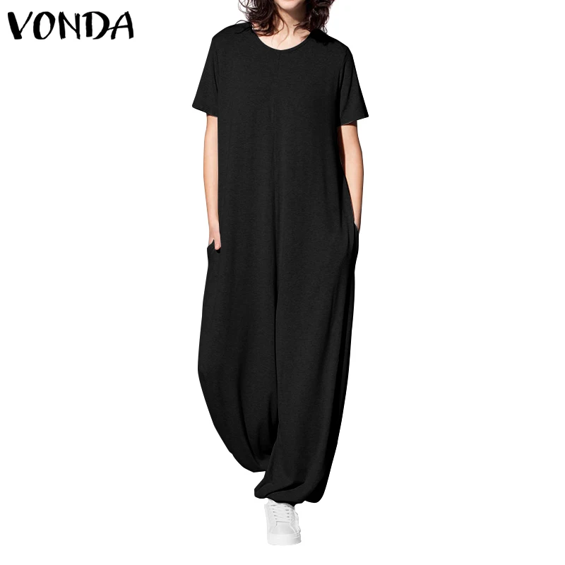 Винтажные костюмы, женские комбинезоны VONDA повседневные Комбинезоны пляжного типа с короткими рукавами женские офисные комбинезоны большого размера свободные штаны - Цвет: Черный