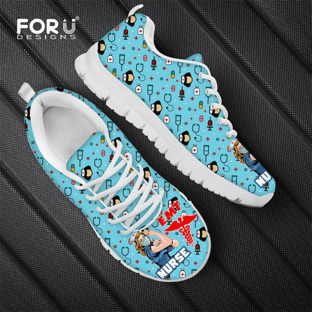 

FORUDESIGNS Paramedic EMT EMS/Nurse Blue Women's Shoes Flats Casual Sneakers Nursing Lace-up Air Mesh Female Light Zapatos Mujer