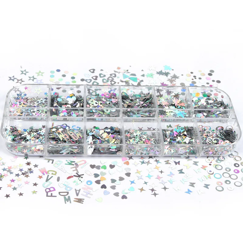 

12 Grid Nail Art Glitter Sequins Holographic Glitter For Manicure Tips Laser Silver Mix Shape Chameleon Flakes Nail Decorations