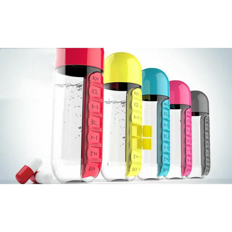 

600ML 2 In 1 Daily Pill Box Water Bottle Travel Pill Organizer Drinking Cups Medicine Container Box A7