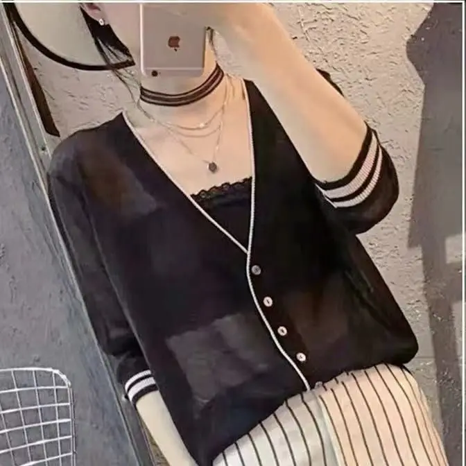 

Summer new loose thin 7 / 4 sleeve knitted sunscreen shirt women's ice silk V-neck breathable cardigan coat
