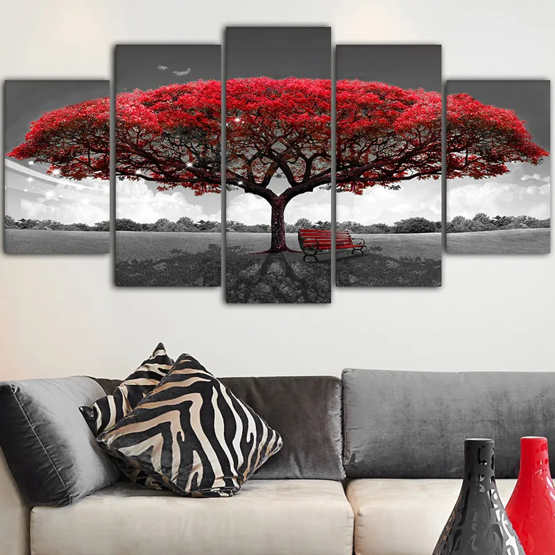 5 Panels Modular Red Leaves Tree Canvas Poster HD Printed Landscape Painting Wall Art For Living Room Decoration | Дом и сад