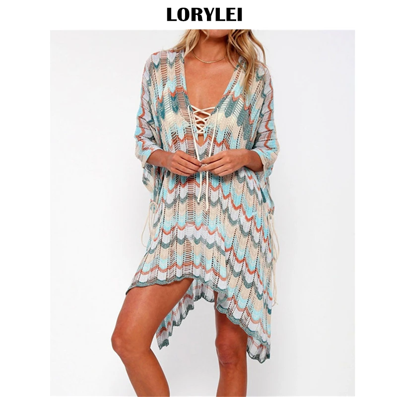 2020 сексуальное Полосатое свободное летнее пляжное платье на шнуровке крючком