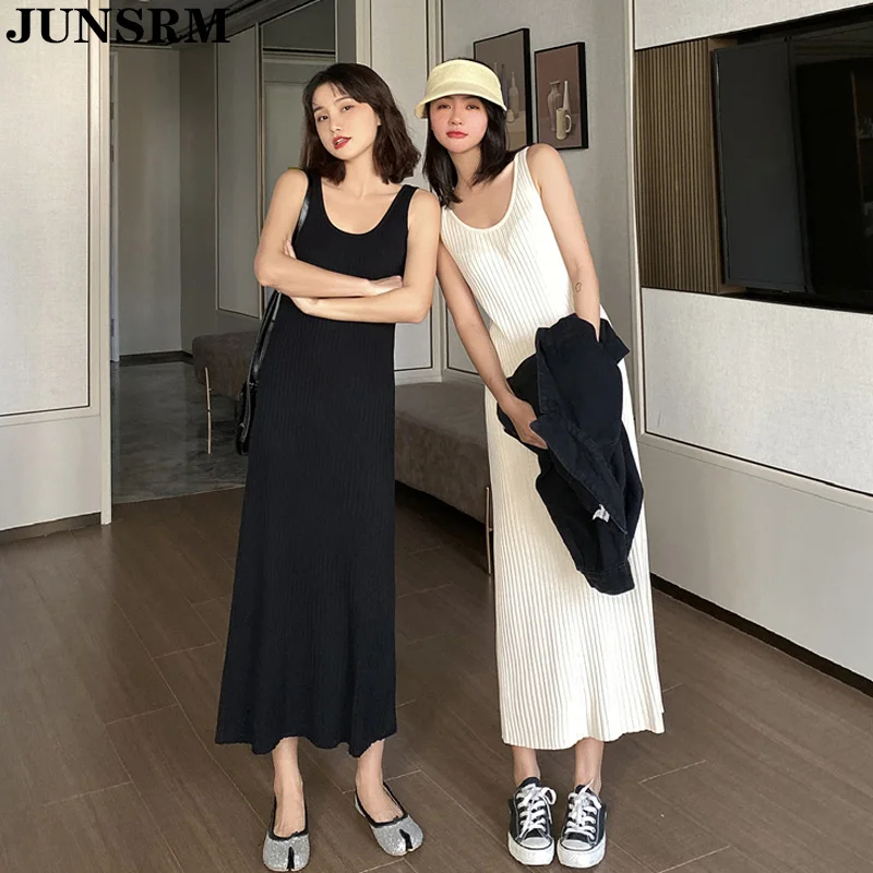 

Women Sleeveless Maxi Dress 2020 Autumn New Sexy V-Neck Summer Long Dresses Female Loose Basic Knit Dress Thin Korean Sundress