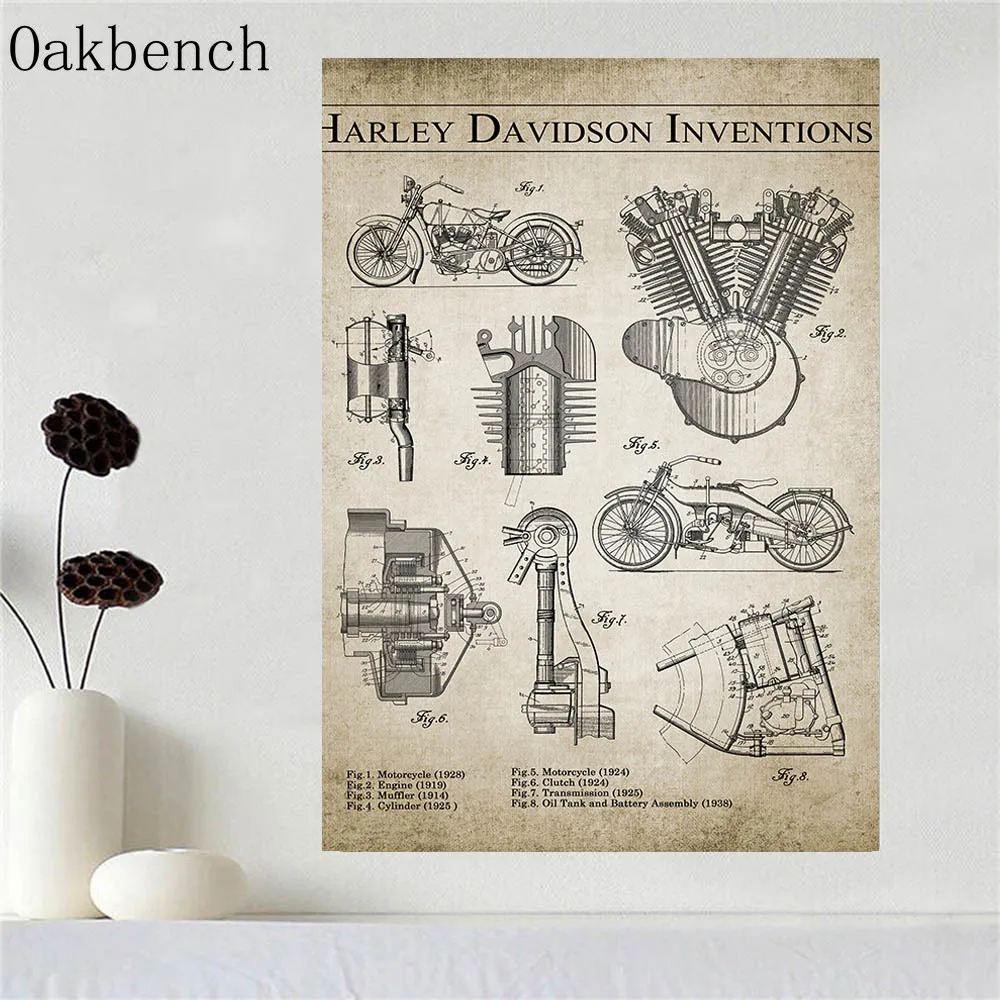 Настенные плакаты с изобретением мотоцикла патентованная картина двигателя