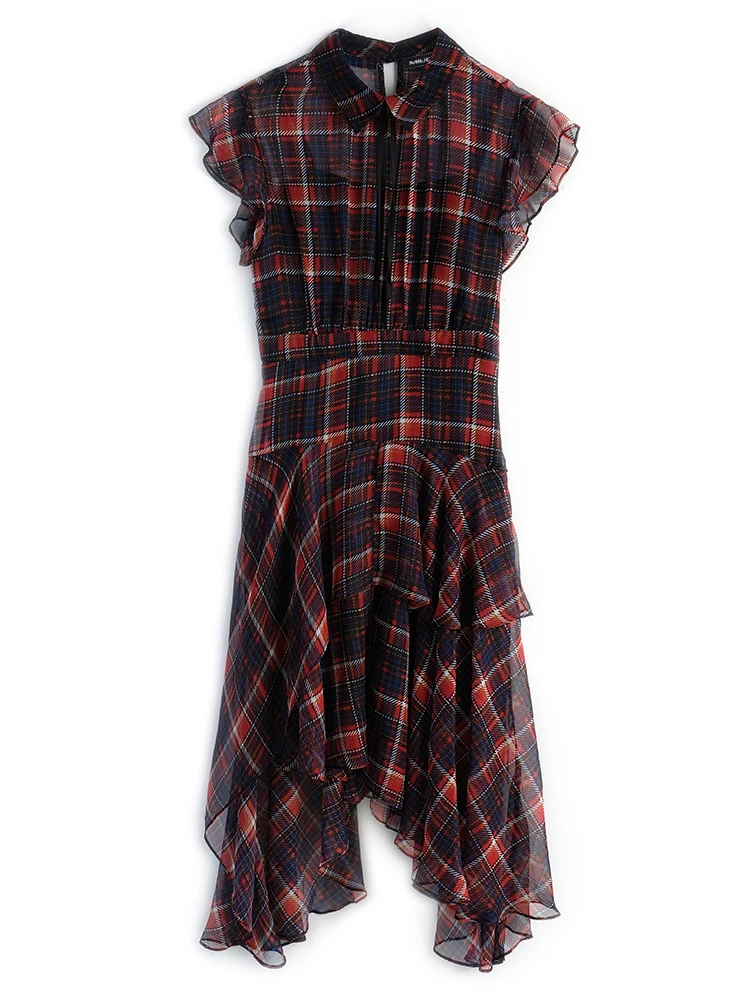

Retro Check Lapel Flying Sleeve Irregular Ruffle Dress 2021 Summer Korean Fashion Women