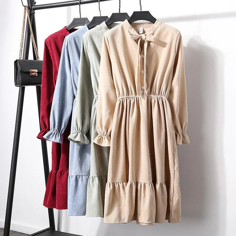 2019 Autumn Vintage Corduroy Dress Women Elastic Waist Solid color Plus Size Dresses Elegant Party Long Sleeve Vestidos | Женская одежда
