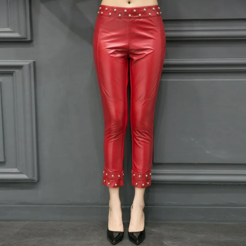 Женские брюки-карандаш из натуральной кожи красные дизайнерские брюки до
