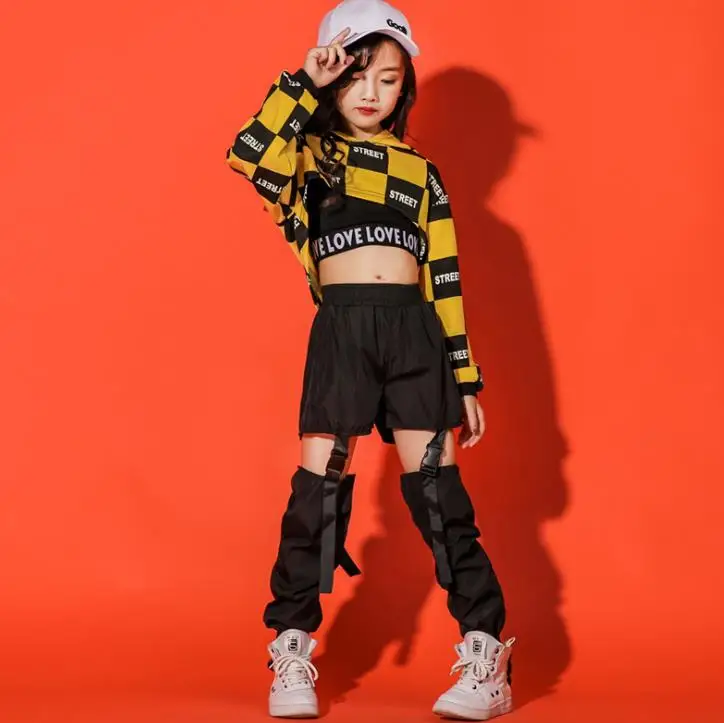 Уличная Одежда для танцев девочек детская черная желтая укороченная толстовка с