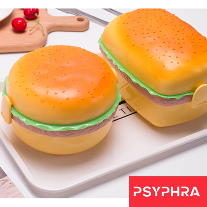 

New Cute Hamburger Double Tier Lunch Box Burger Box Bento Lunchbox Children School Food Container Tableware Set with Fork Kids