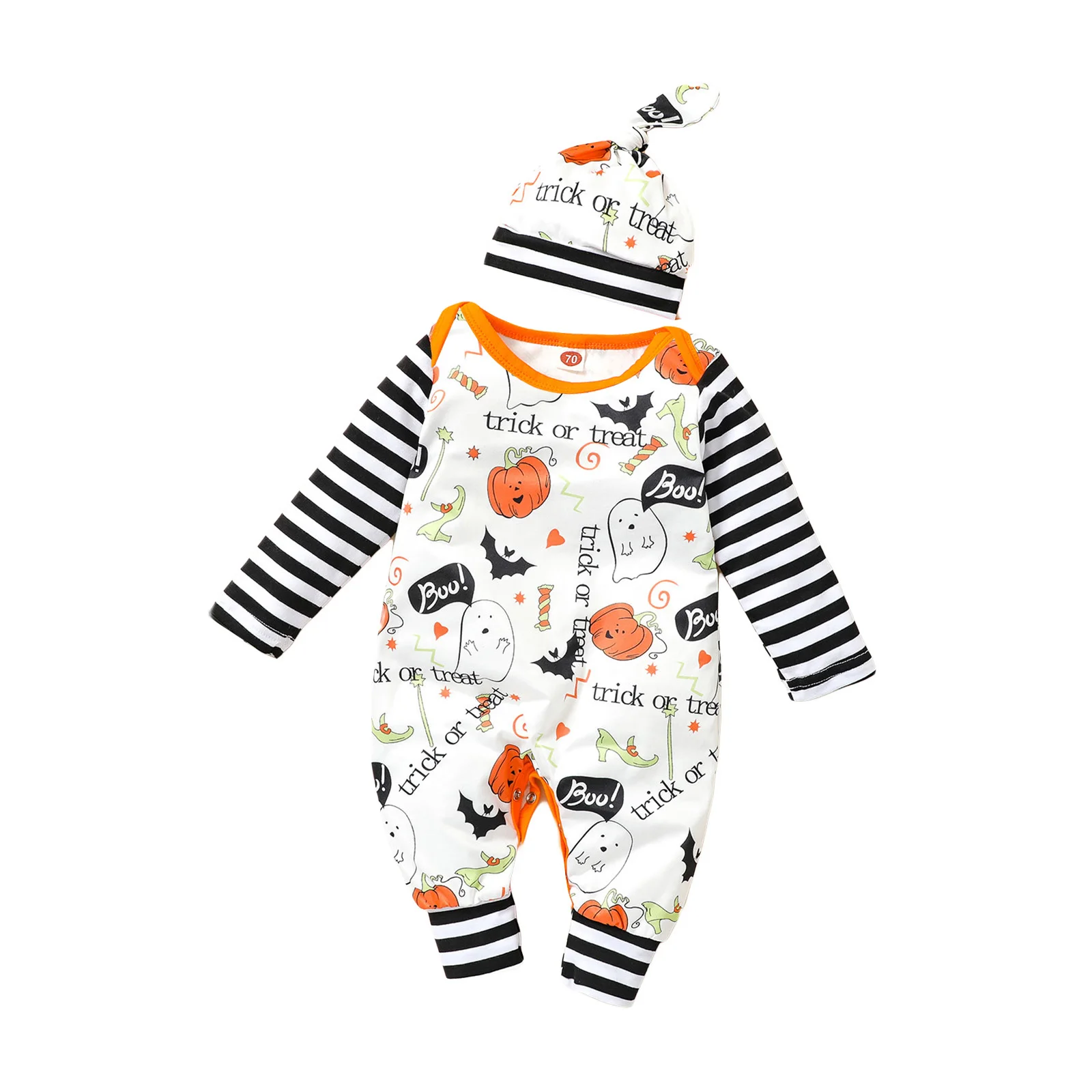 

2Pcs Baby Halloween Outfit, Cartoon Pumpkin Ghost Stripe Long Sleeves Romper + Knotted Hat for Toddler Girls, Boys