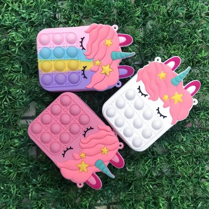 

Unicorn Unzip Toy Wallet Cartoon Unicorn Bubble Music Key Pendant Unzip Silicone Coin Purse Party Gifts