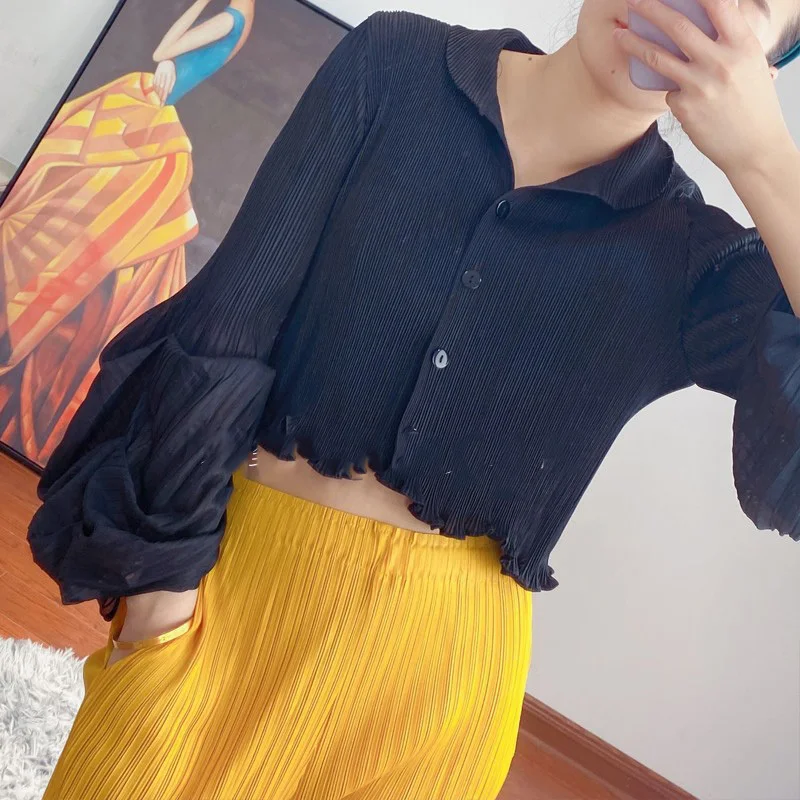 

LANMREM Women Black Pleated Big Size Blouse Lapel Long Puff Sleeve Loose Fit Lady Shirt Fashion Tide Summer 2021 New 2E1784