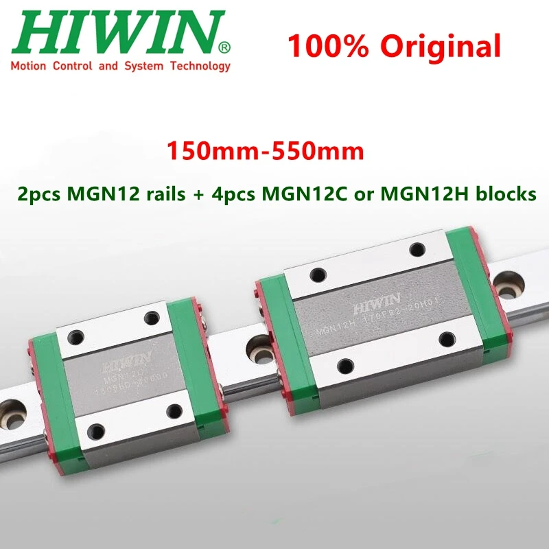 Hiwin-guía lineal MGN12 150 200 250 300 330 350 400 450 500 550mm, carril MGNR12C + 4 piezas MGN12C o MGN12H, carro de bloque CNC, 2 unidades