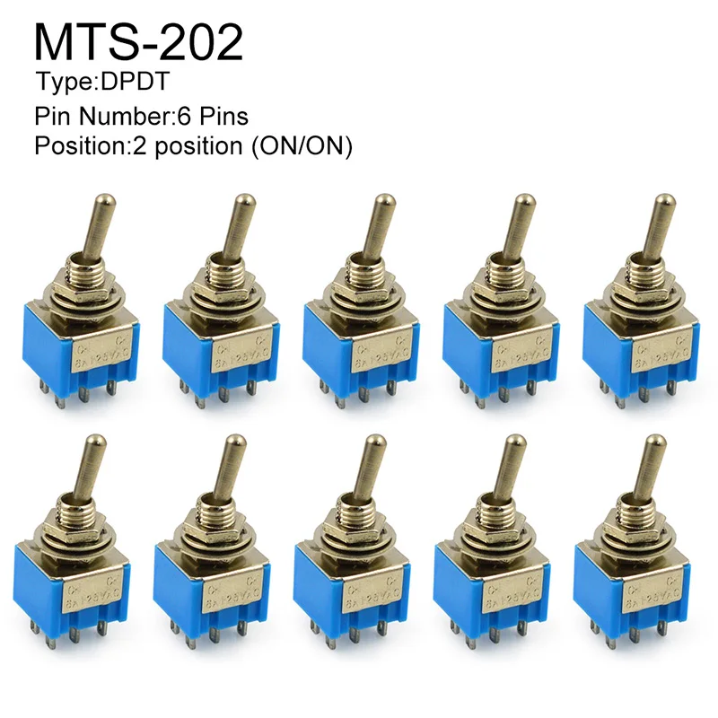 10 шт. миниатюрный тумблер однополюсный двойной переключатель SPDT (MTS102) ON-ON 125VAC 6A 1/4