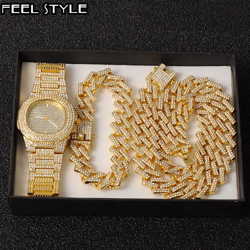 Watch +Chain+Bracelet Hip Hop Bling Iced Out Crystal 15MM Cuban Paved Rhinestone Miami Zircon Men's Necklaces choker Jewelry