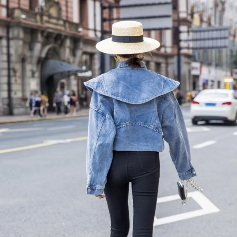 

Womens Denim Jacket Spring Loose Fit Batwing Sleeve Short Outerwear High Street Design Jean Coat Fashion Ladies Casual Jackets