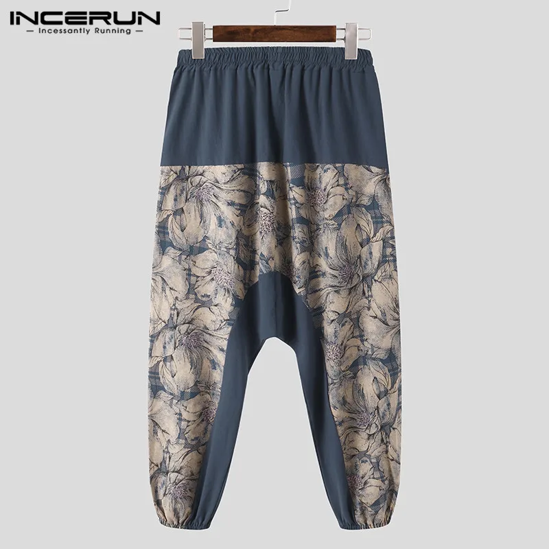 

Men Pants Print Patchwork Cotton Streetwear Joggers Casual Harem Pants Elastic Waist Retro 2021 Drop Crotch Trousers Men INCERUN