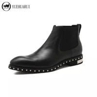mans boot genuine leather breathable fashion rivet low heel britain classic plain face black chelsea boots men