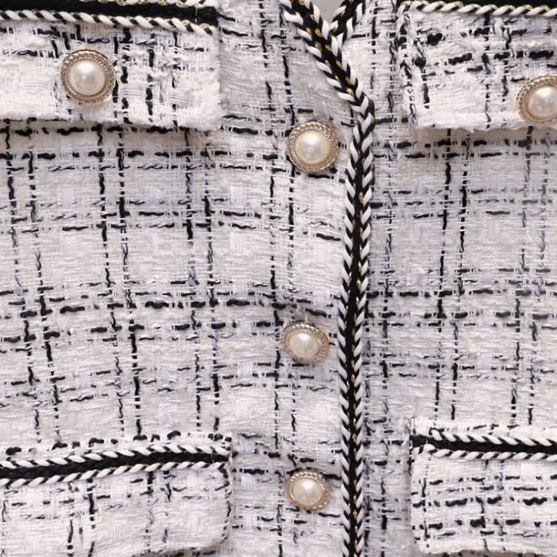 Женский однобортный твидовый жилет без рукавов с жемчугом клетчатый v-образным