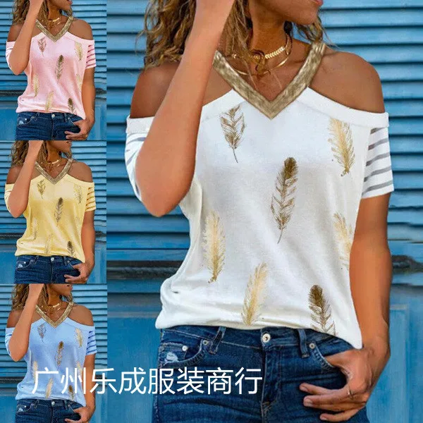 

2021 summer V-neck off-the-shoulder top feather print T-shirt casual shirt