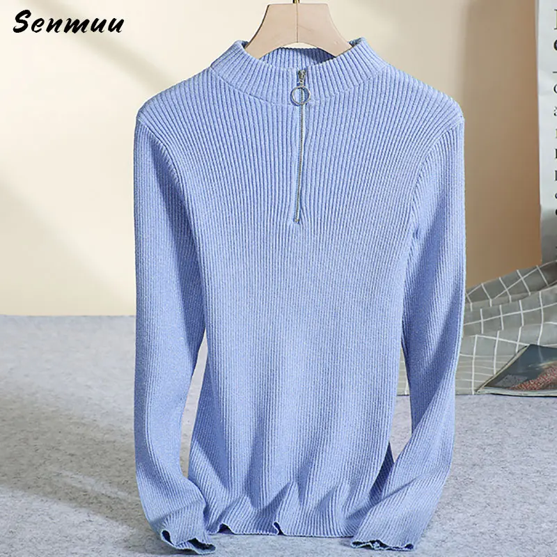 Ribbed Zip Front Mock Neck Sweater for Women Bandage Slim Pullovers Solid Color Long Sleeve Female Jumper Top Autumn Newest 2019 | Женская