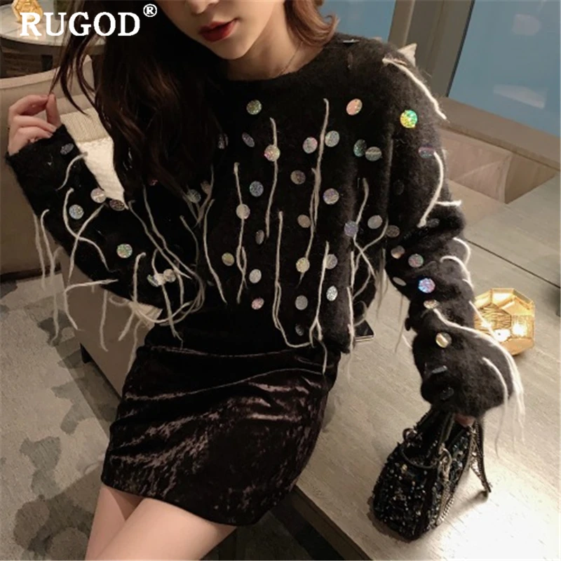 RUGOD элегантный блесток tassle вязаный женский свитер корейский шик Круглый Вырез