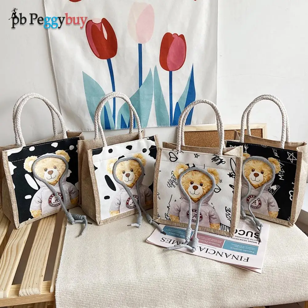 

Chic Women Cartoon Printing Top-handle Handbag Fashion Ladies Small Tote Lunch Bag Lovely Bear Sweater Gift Bag