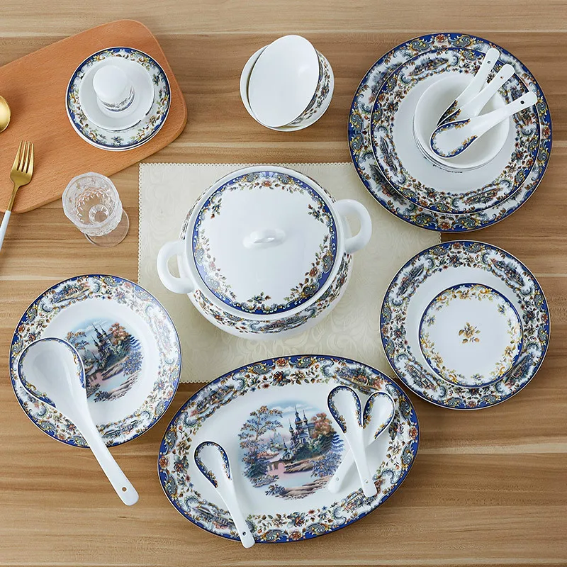 Керамическая кухонная посуда Цзиндэчжэнь с 56 головками столовое блюдо чаши для