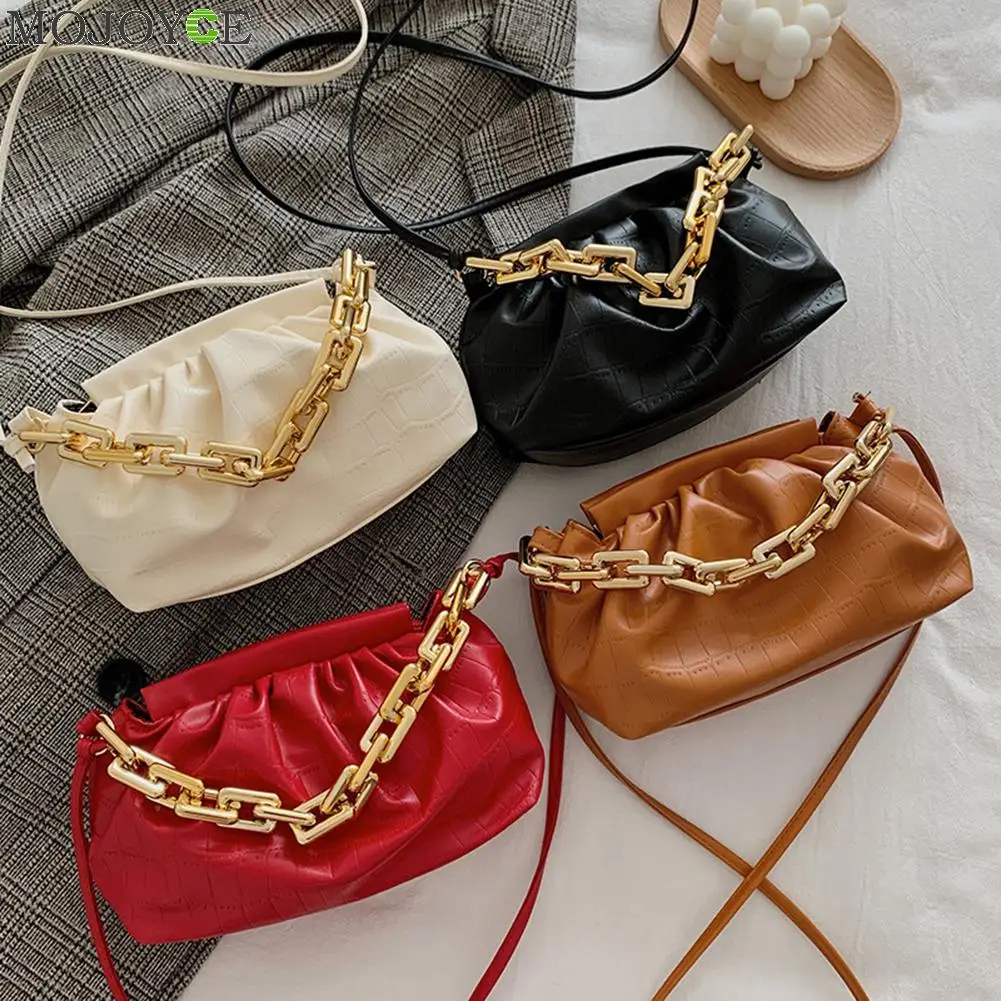 

Fashion Pleated Crossbody Bag Women Stone Pattern PU Leather Shoulder Messenger Pouch Solid Color Female Chain Clutches Totes