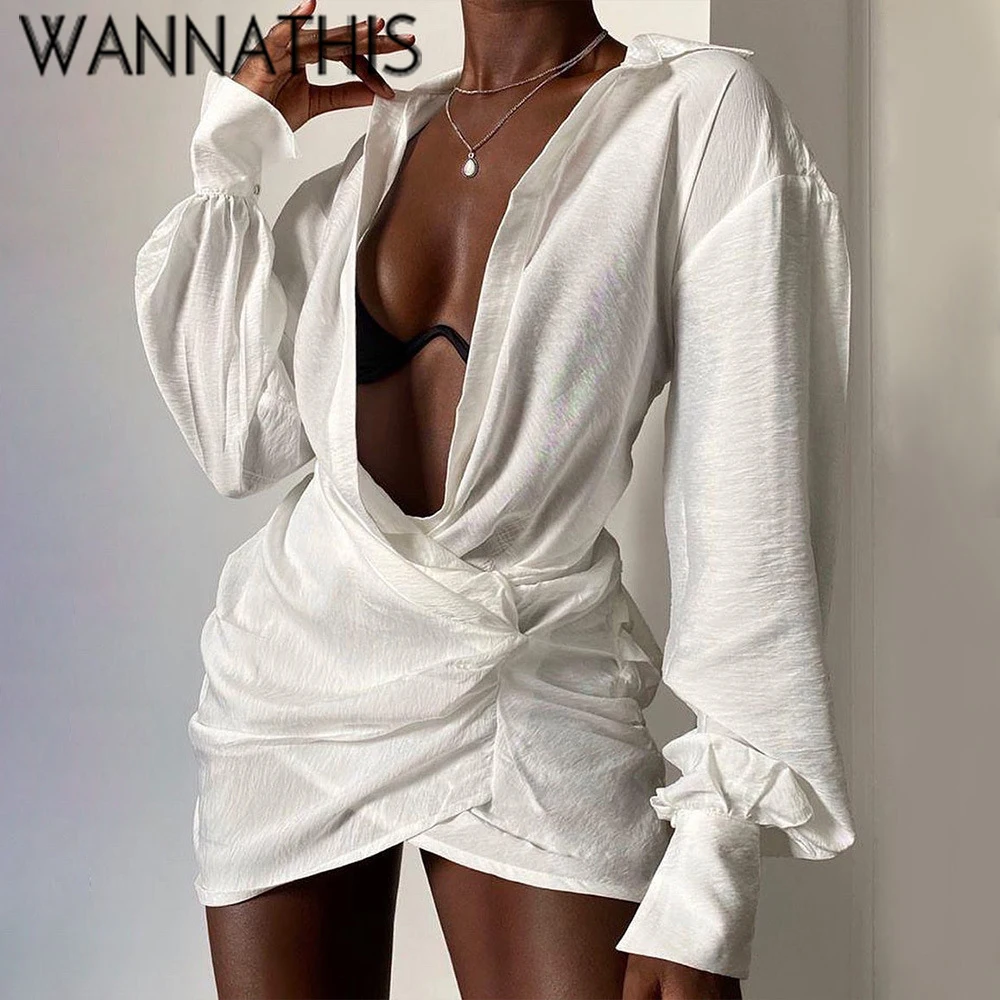 

WannaThis модное винтажное женское платье с отложным воротником и длинным рукавом, элегантные весенние сексуальные свободные рубашки, мини пла...