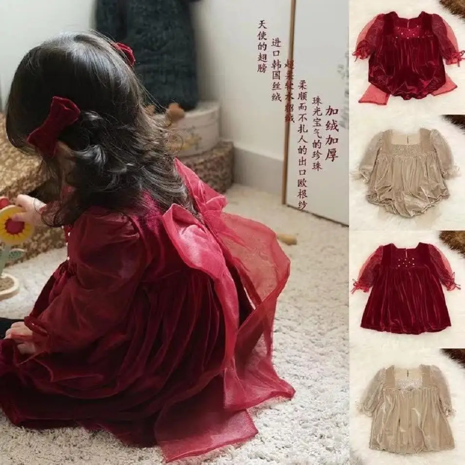 

2021 new brand organic cotton baby girl dress kids velvet reffles lace romper newborn jumpsuits dress pearl high quality ws1970