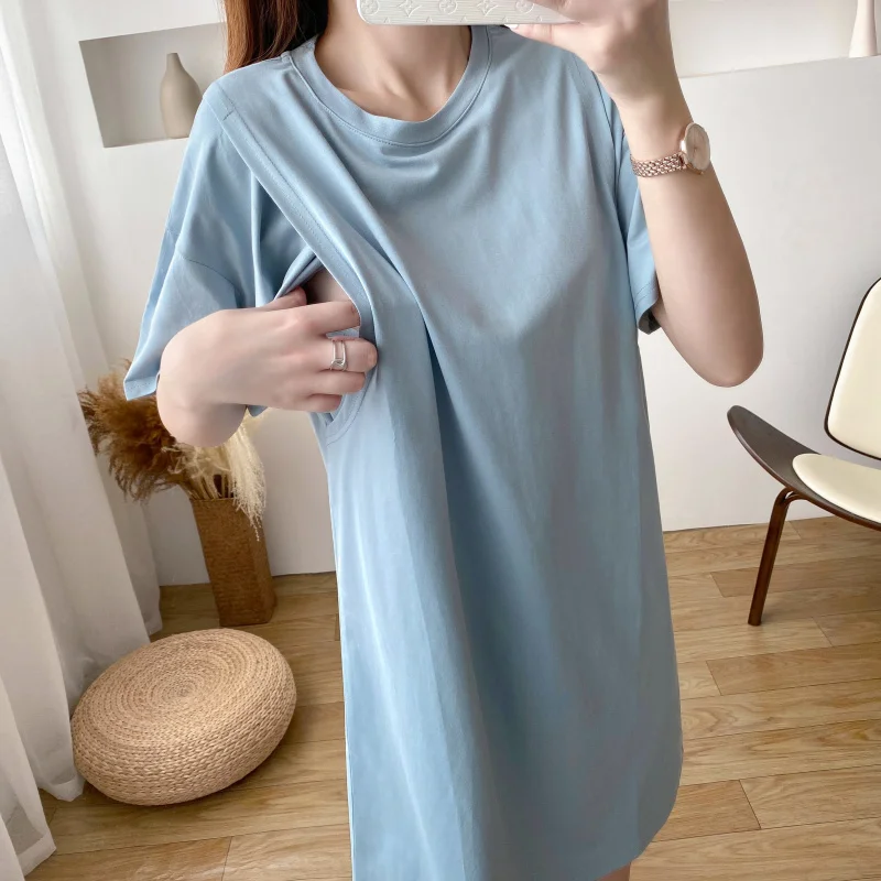 

Postpartum Round Neck Solid Color T-Shirt Dresses Pregnant Women Wear Breastfeeding Clothes Top Pregnancy And Childbirth