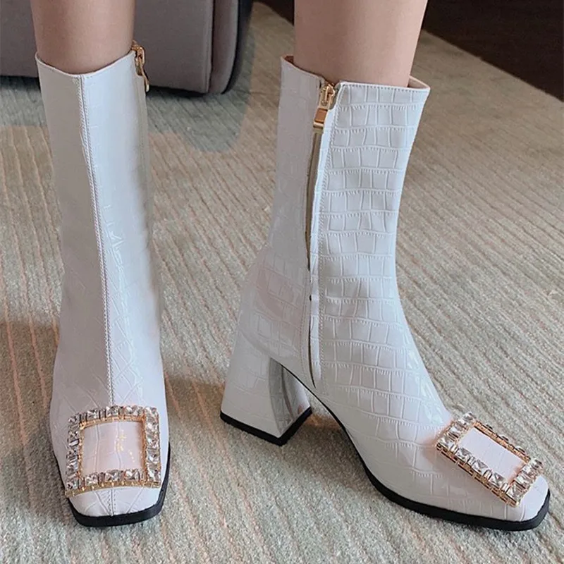 

High Heel Women's Boots 2021 Designer Rhinestone Women Shoes Autumn Winter Fashion Chunky Heels Ankle Boots Office Ladies Shoes