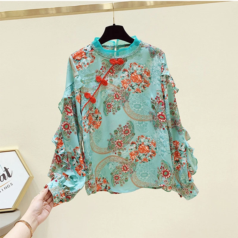 

Vintage Print Stand Collar Ruffles Patchwork Chiffon Blouse Butterfly Sleeve Shirt Women 2020 Autumn New Arrival Modis Tops
