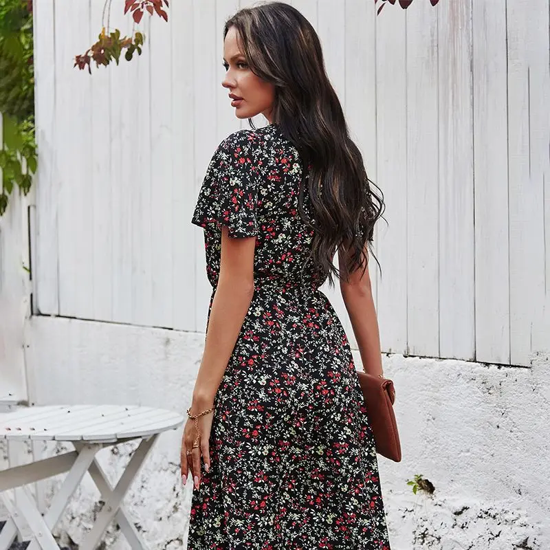 

Ladie New Vintage Maxi Floral Print Summer Dress Women Slim Casual High Waist Button Bohemian Women Beach Dress Vestidos Female