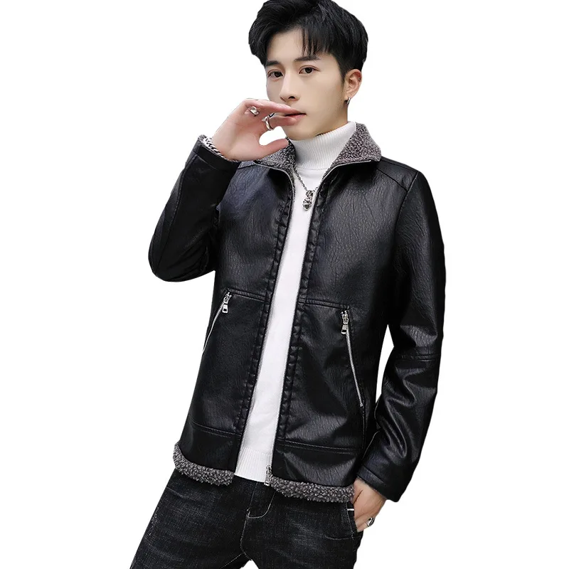 

with Men male qiu dong PU leather lambs wool coat lapel fashion warm jacket business middle-aged men's clothing of wool