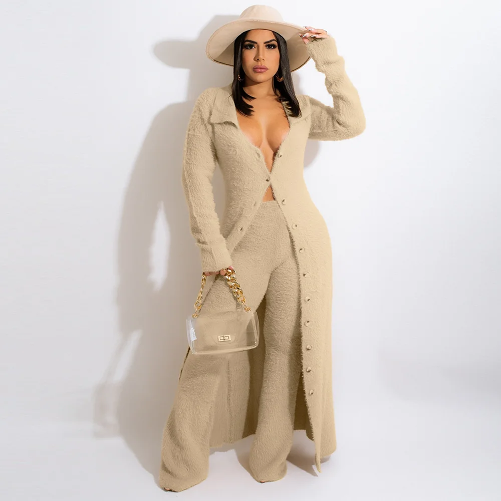 

Hipster Coffee Women's Pant Suits Softwear Plush Single Breasted Full Sleeve Extra-long Cardigan and High Waist Flare Trousers