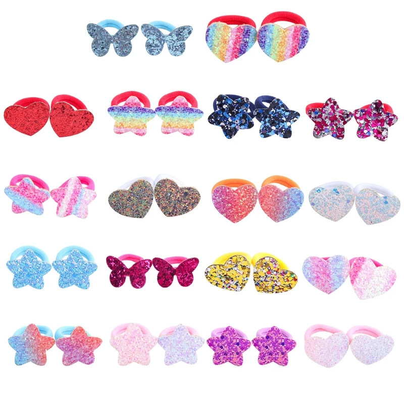 

Glitter Soft Rubber Bands Sequins Star Heart Butterfly Ponytail Holders Elastic Cartoon Hair Ties for Children Girls 35EF