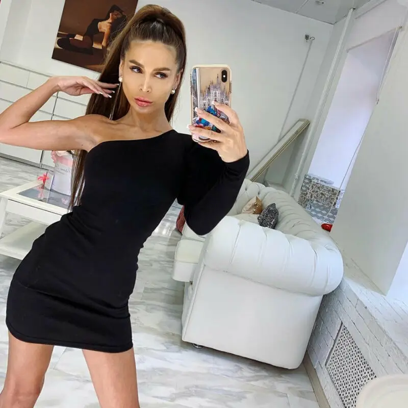 Женское облегающее трикотажное платье-карандаш на одно плечо | Женская одежда