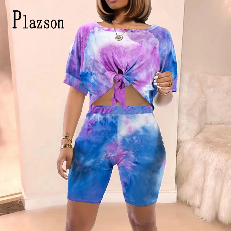 

2021 Summer Female Print Tie Up T-shirt Shorts Two Piece Set Short Sleeve Women Outfits Jogging Bandage Shorts шорты женский