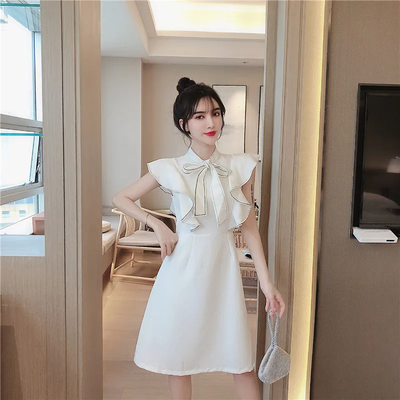 korean clothes summer style ruffles dresses for women white fashion brands ladies high quality bow a line dress new female free global shipping