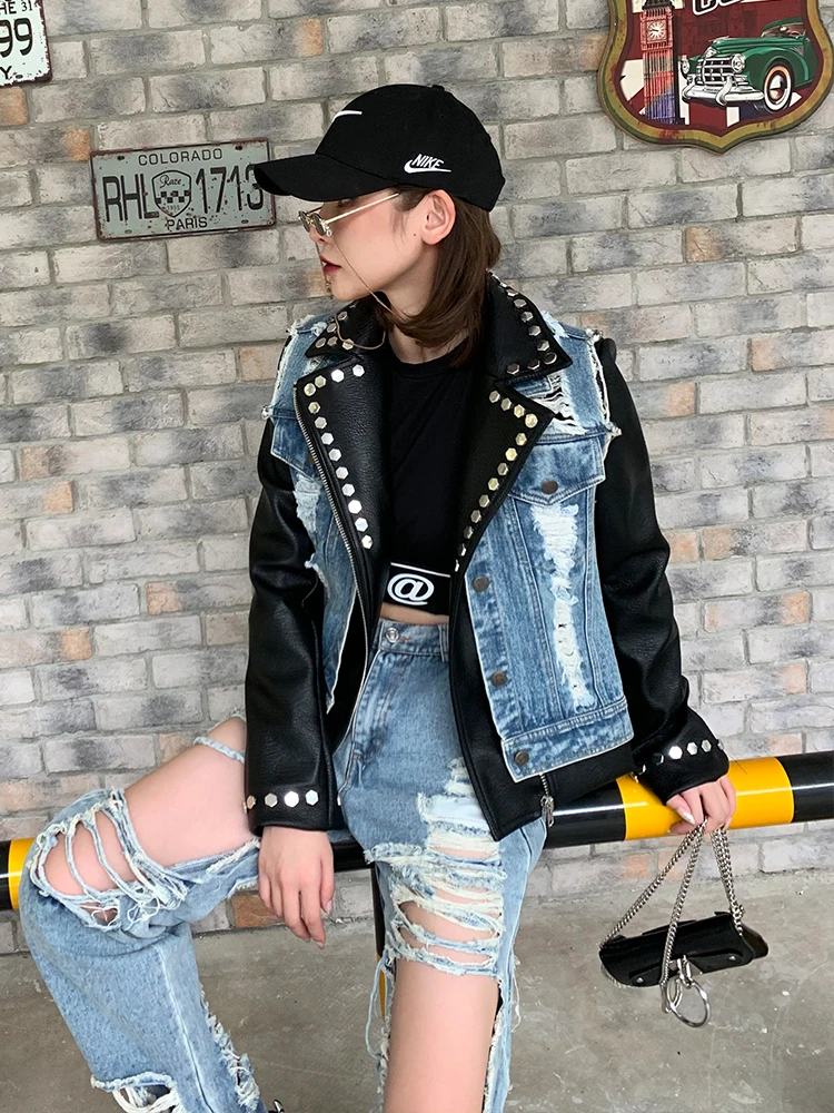 

2019 Autumn Women Streetwear Punk Pu Black Leather Jackets Strange Rivet Denim For Party Loose Jacket women Jackets