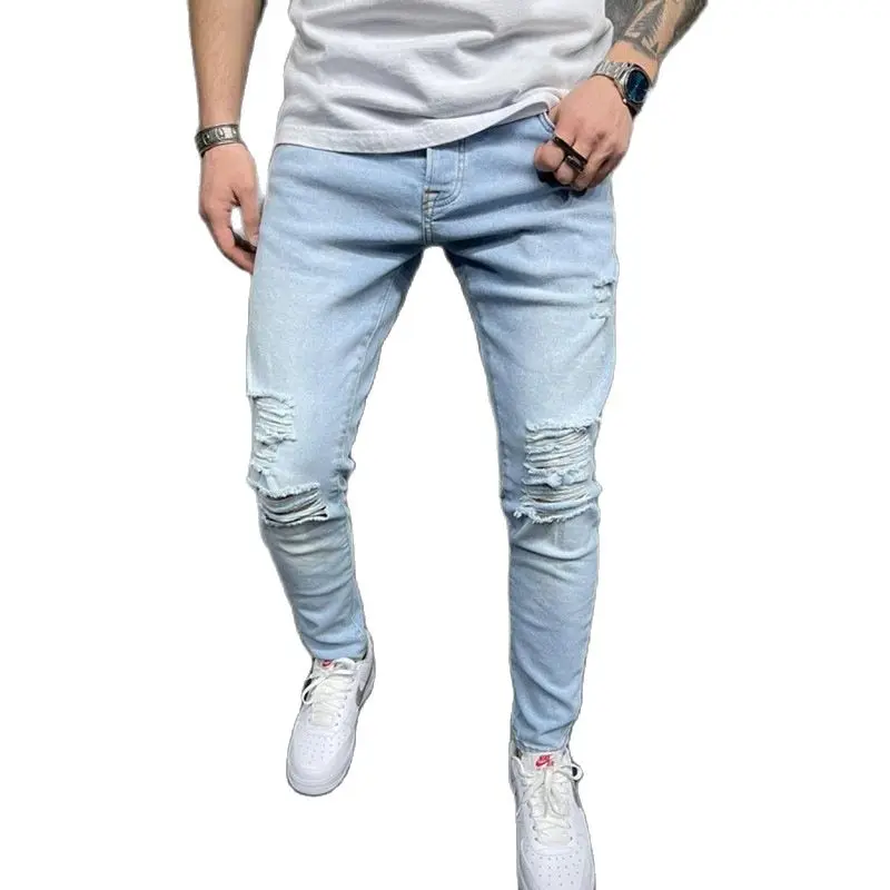 

Men's Jeans Trendy Knee Holes Youth Slim Pants Stretch Feet Trousers